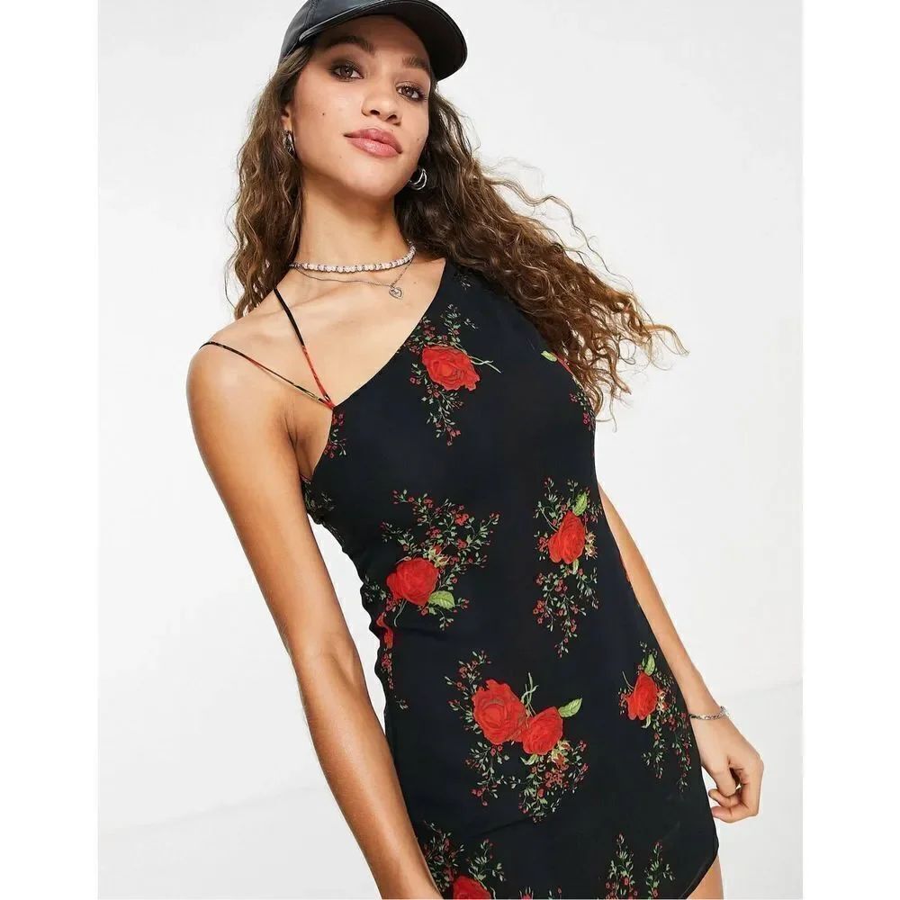 Topshop rose print asymmetric cowl mini slip dress in black size 4 NWT